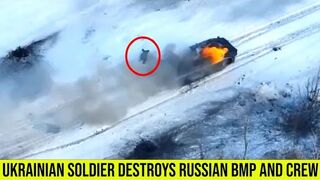 Ukrainian soldier strikes Russian BMP and Crew at very close range