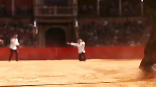 Funny bull attack on rock