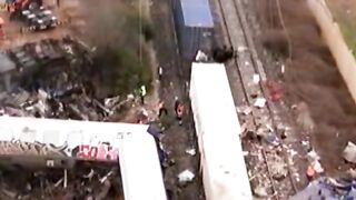 Greece: drone footage shows aftermath of head-on train crash