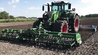 Fendt_942_power_harrowing_land_ahead_of_leek_drilling.(360p).