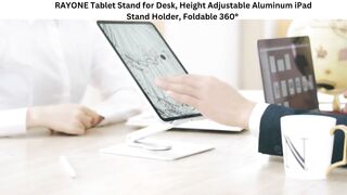 RAYONE Tablet Stand for Desk, Height Adjustable Aluminum iPad Stand Holder, Foldable 360°