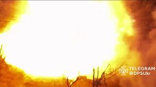 UAV from Ukraine's Border Guard dropping a munition on a likely abandoned Russian tank leading to a catastrophic explosion