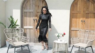 acelyn Womens  Long Sleeve Sequins Glitter Bodycon Midi Dress Tassel Hem Tunic Party Club Dress