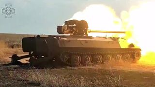 Ukrainian soldiers have mounted a MT-12 Rapira anti-tank gun on an MT-LB