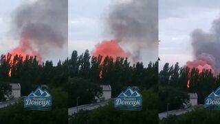 Russian ammunition dump burning this morning in occupied Horlivka, Donetsk Oblast