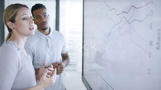 A caucasian beautiful woman showing  a  graph
