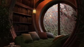 Cozy Reading Nook Ambience_ Fortes pluies sur les sons des fenêtres et le feu crépitant.