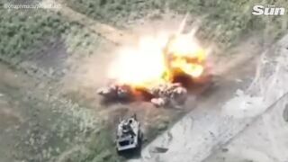 Moment Russian tank EXPLODES driving over mine in Donbas region forcing crew flee for their lives