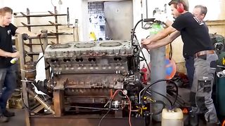 This was the first time in 28 years this 38 liter V12 tank engine was started after being restored