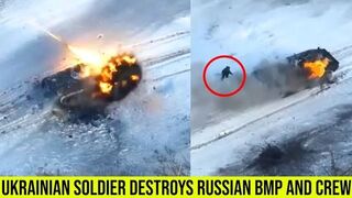 Russian troops fleeing their burning BMP armored vehicle