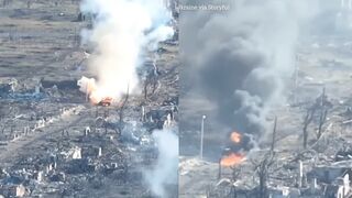 Ukrainian forces blow up a Russian tank in Maryinka, Donetsk Oblast