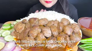 ASMR Eating Spicy Chicken Liver Curry White rice Salad _Food Eating videos_().