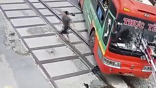 Bus Narrowly Misses A Train