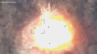 Ukrainian armoured tank explodes in Russian missile strike
