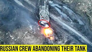 Russian crew abandoning their tank after Ukrainian drone strikes