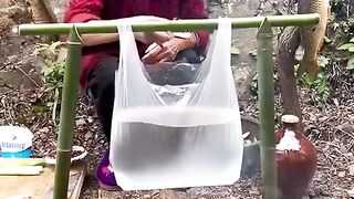 Woman cooks over the fire using plastic bag! ????
