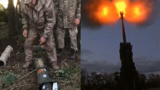 Ukraine artillerymen firing two US-supplied Excalibur guided extended range projectiles