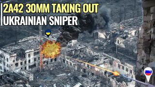 Russian 2A42 30mm automatic cannon taking out Ukrainian sniper tower