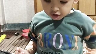 Cute baby taste first time burger ????????