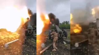 Ukrainian forces active with seized Russian artillery pieces on the left