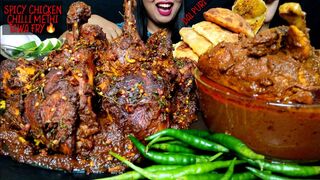 ASMR:SUPER DELICIOUS CHICKEN CHILLI METHI TAWA FRY,CHICKEN CURRY,JAFRANI PULAO,DAL PURI#hungrygirl