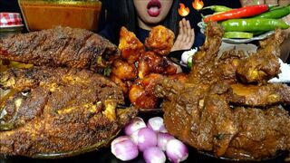 ASMR:EATING SPICY CHICKEN MASALA BHUNA,BIG PUTI FISH FRY,CHICKEN VEG PAKORA,RICE,CHILLI#hungrygirl