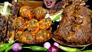 ASMR:HUGE QUALITY SPICY FOOD EATING|SPICY CHICKEN LEG MASALA,LOTS OF EGG ROAST,KABAB,RICE#hungrygirl