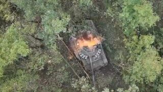 Ukrainian forces used another drone dropped munition to target an abandoned Russian T-72B3 tank