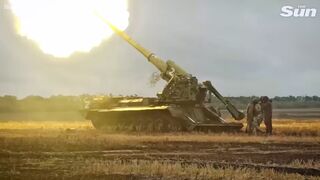 Russian artillery fires at Ukrainian positions with self propelled long guns