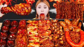 MUKBANG FRIED CHICKEN AND FIRE NOODLES EATING 직접 만든 짜장 불닭 버섯 양념치킨 소세지 먹방 & 레시피 _