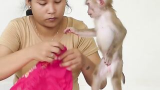 Funny Little Bom's Stand Up Wait Mom Wear His Beautiful Clothe Before Get Food