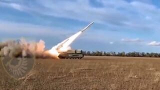 Ukrainian Buk-M1 9A310M1 TELAR fires a 9M38M1 missile at a Russian target
