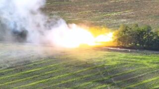Russian tank receiving a direct mortar strike by Ukrainian Forces in Kherson Oblast