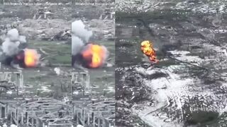 Flaming Russian tank blown to pieces by Ukrainian marines