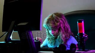 A little boy child uses a desktop at night |Home education