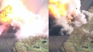 Russian MT-LB was destroyed after it blindly headed right into a row of anti-tank mines
