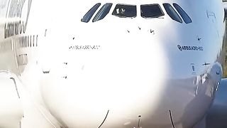 Emirates Airbus A380 Take off Close up view
