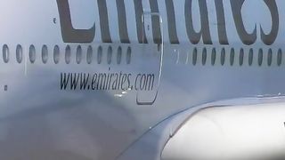 Emirates Airbus a380 take off from Moscow Close up view