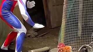 Super hero against chicken monster