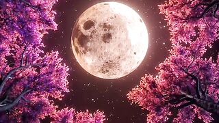 moon seen from below a pink forest
