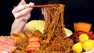 Mukbang Black Bean Noodles With Spam Sausage Chicken Legs