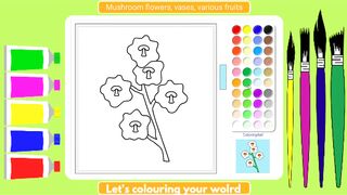 Coloring mushroom flowers, flower vases and  various fruits