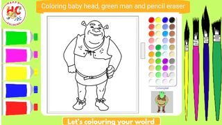 Coloring green human baby head and pencil eraser