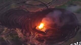 A Russian T-80BV tank on fire