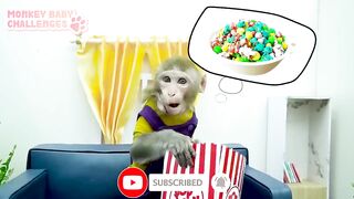 Baby Monkey Kiki Make Red vs. Blue Popcorn Challenge _ Monkey Baby Challenges