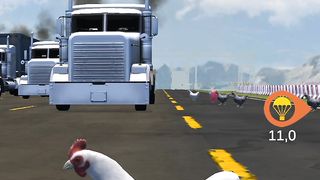 the white rooster is taking part in the race to cross the dangerous road