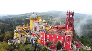 Aerial drone view of Pena National Park and Palace in Sintra -Portugal