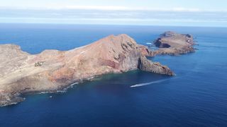 Aerial drone view of a beautiful island in the middle of the Ocean