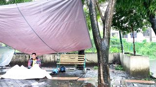 Heavy rain at city market__interact with sellers and shop__Indonesian villag
