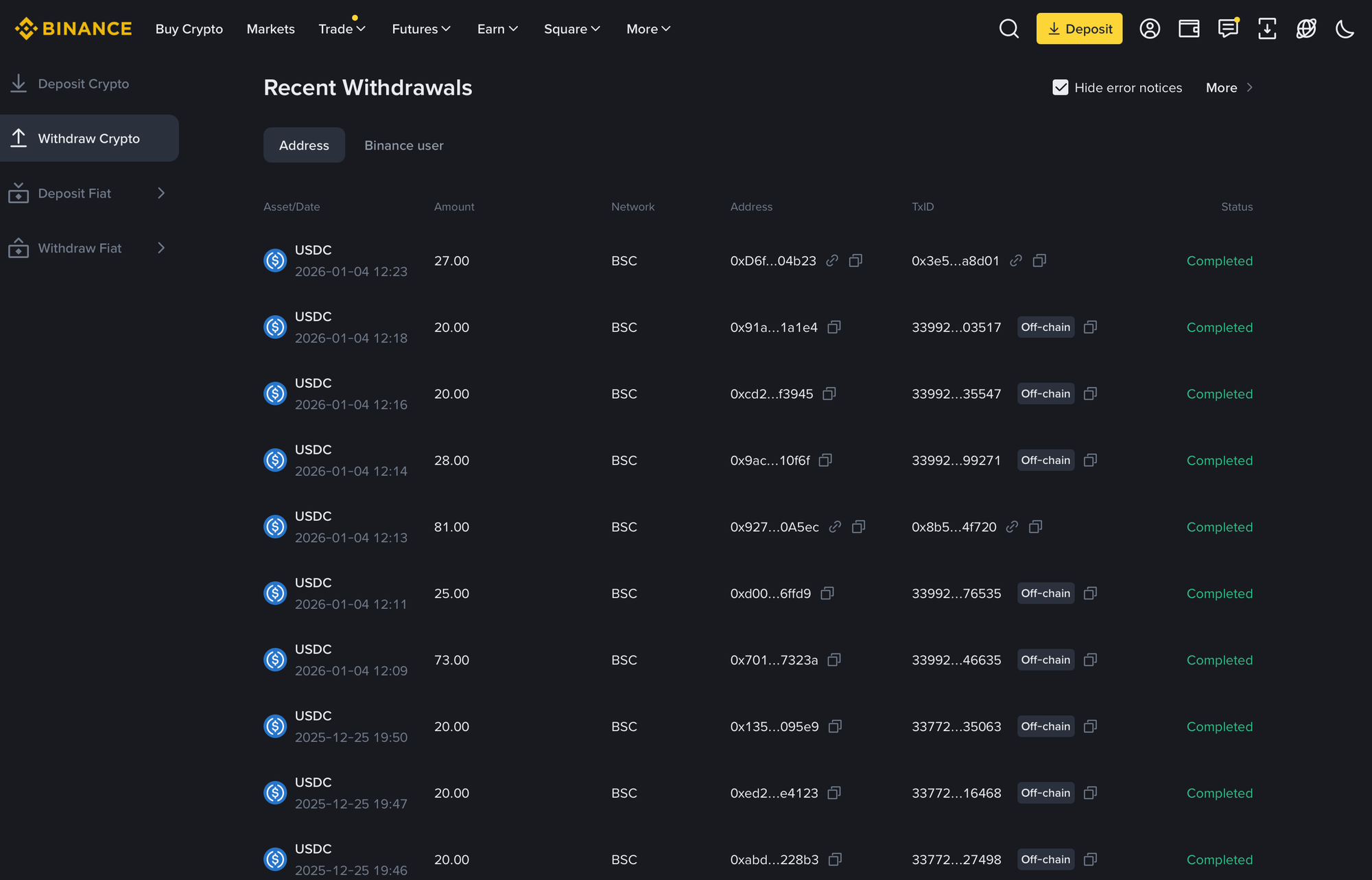 USDC payouts via Binance for Febspot members activity